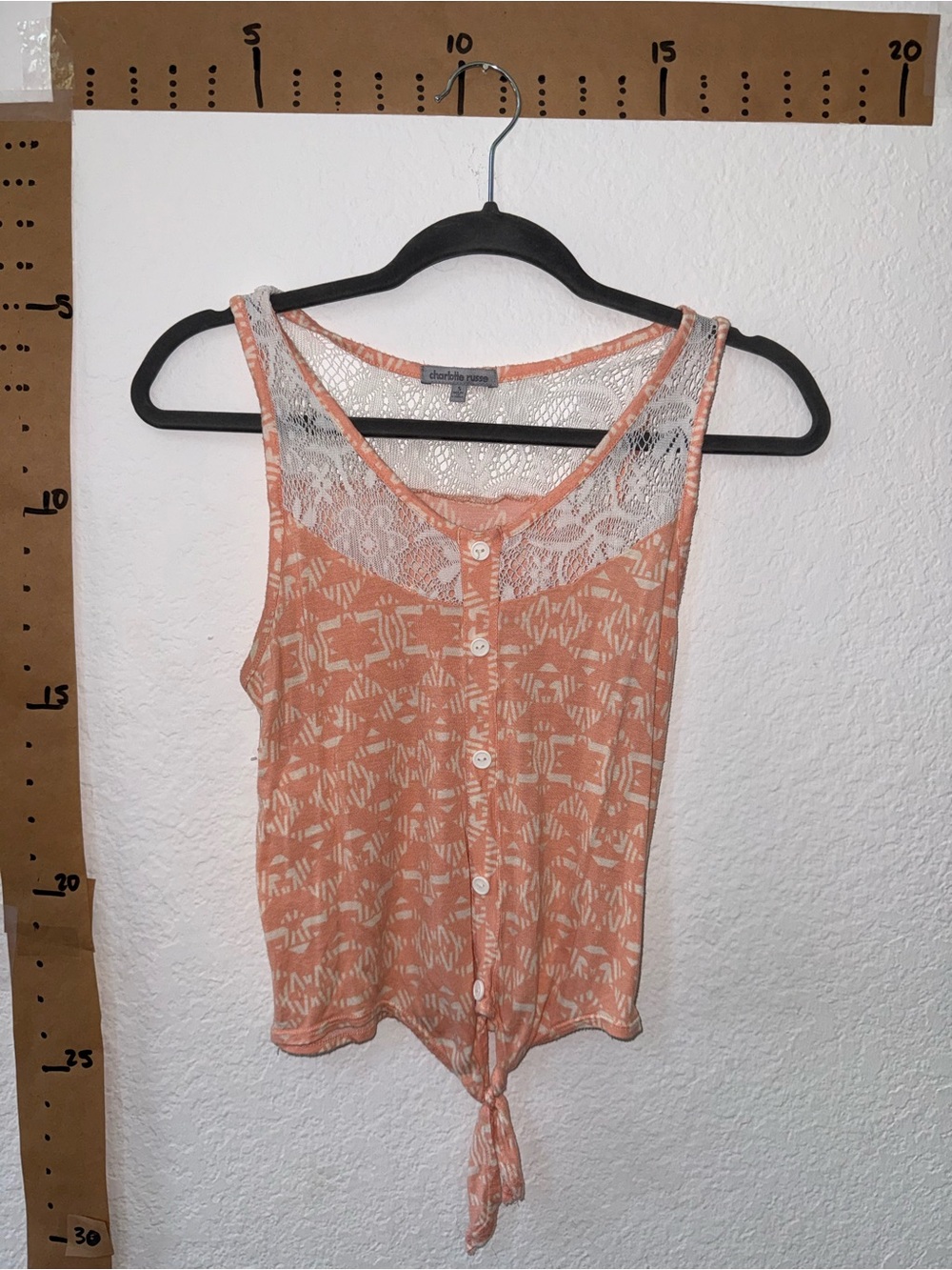 Charlotte Russe Peach Lace-Trim Tie-Front Tank